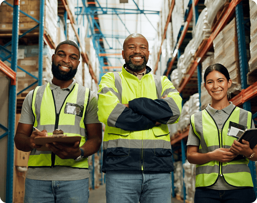 Warehouse workers in safety vests